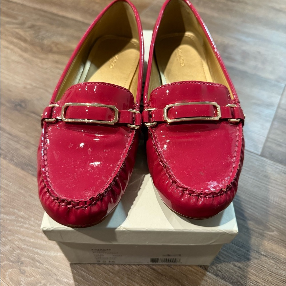 Coach Pink Patent Leather Loafers with Gold Buckle